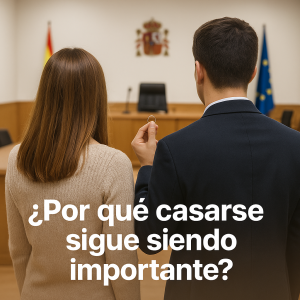 Pareja de espaldas en un juzgado con alianza en la mano simbolizando los efectos legales del matrimonio frente a la pareja de hecho.