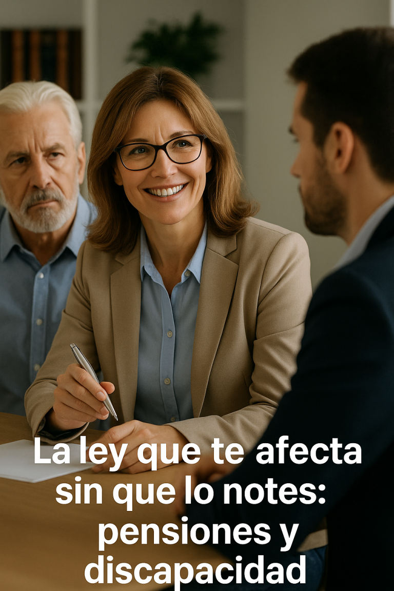 Abogada de Lex&CoM conversando con clientes sobre pensiones y discapacidad en un entorno profesional y cercano.