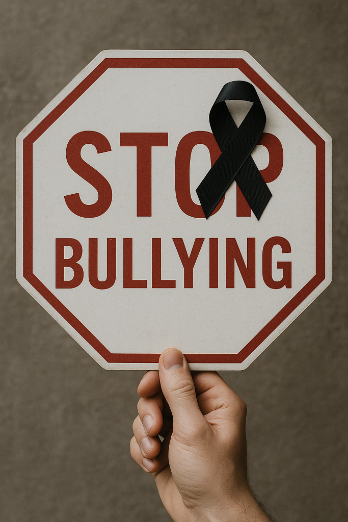 Cartel con el mensaje “STOP BULLYING” y lazo negro, campaña de concienciación de Lex&CoM Abogados en Tres Cantos sobre el acoso escolar.