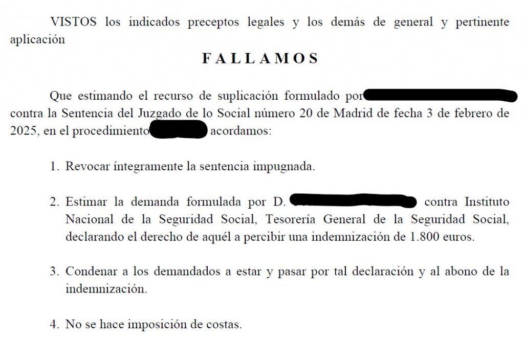 Fragmento de la sentencia del Tribunal Superior de Justicia de Madrid que reconoce el derecho a una indemnización de 1.800 euros por discriminación en el complemento de maternidad. Sentencia ganada por Lex&CoM Abogados.